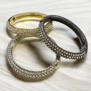 Set of 3 Bangle Bling Bracelets Gold Silver Black Clear Crystals